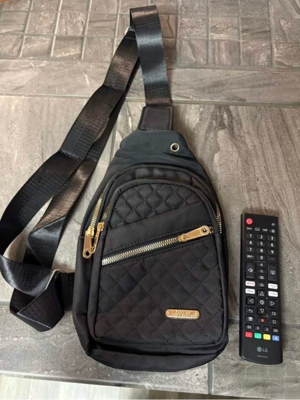 NEW Large Quilted Black Crossbody Sling Bag with Gold Hardware